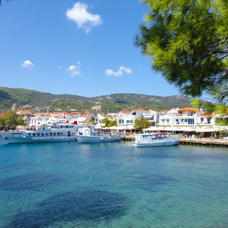 Marina i bele kuće grada Skijatos